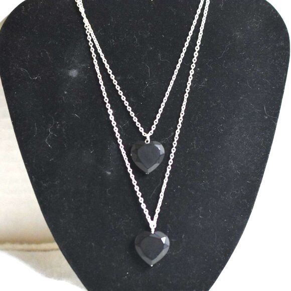 NWT RSVP Voguish Double Strand Black Onyx Hearts Silver Tone Link Chain Necklace - Picture 1 of 5